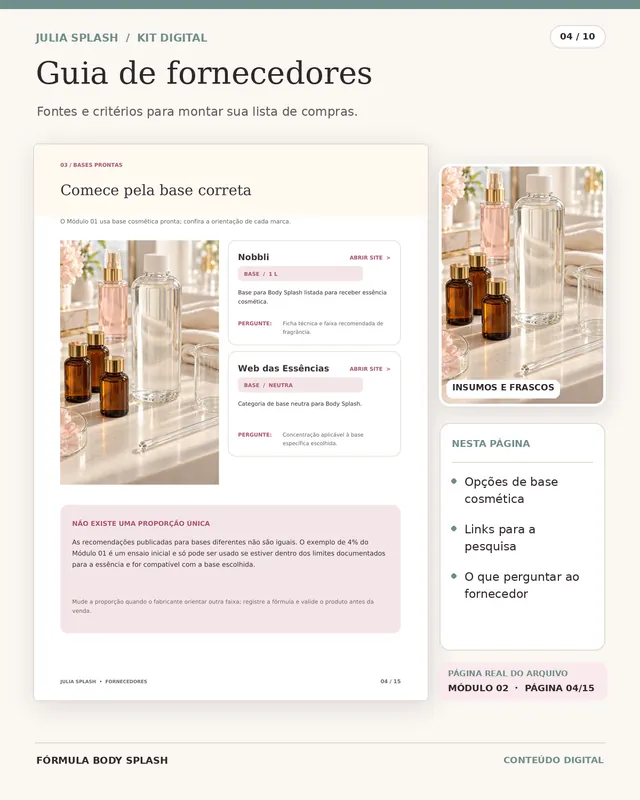 Módulo 02, guia de fornecedores: bases cosméticas, links para pesquisa e o que perguntar