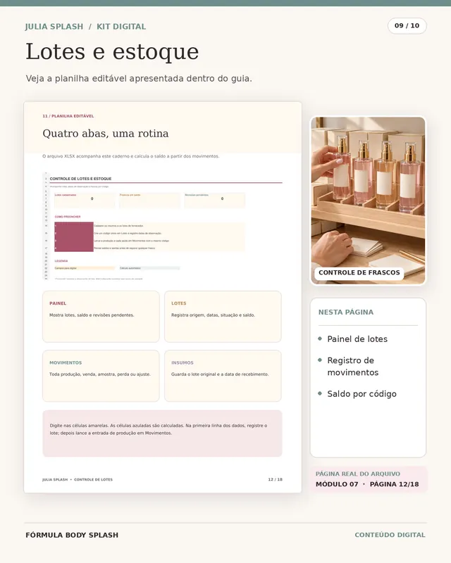 Módulo 07, lotes e estoque: planilha com painel de lotes, movimentos e saldo