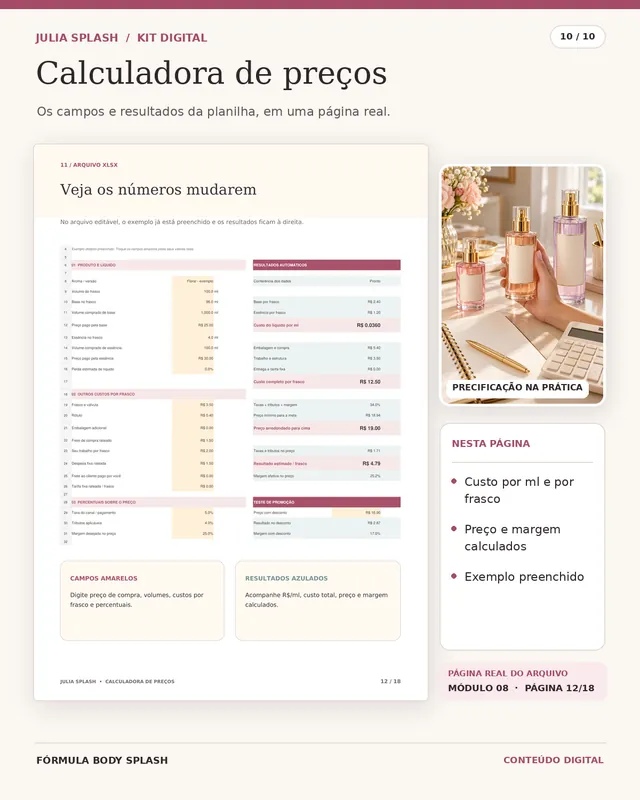 Módulo 08, calculadora de preços: campos e resultados da planilha preenchida